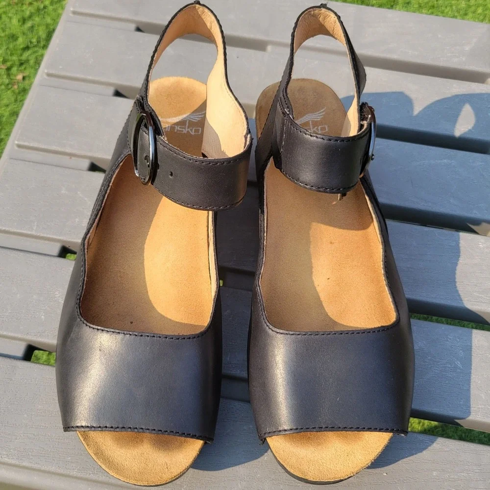 Dansko Tiana Black Ankle Strap Open Toe Wedge Sandals US EUR 40 US 9.5